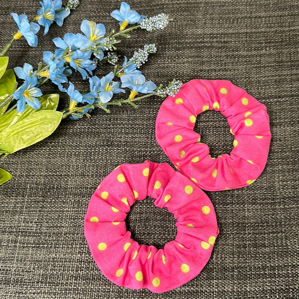 🎀 Handmade Set of 2 Scrunchies: Pink and Green Polka Dot